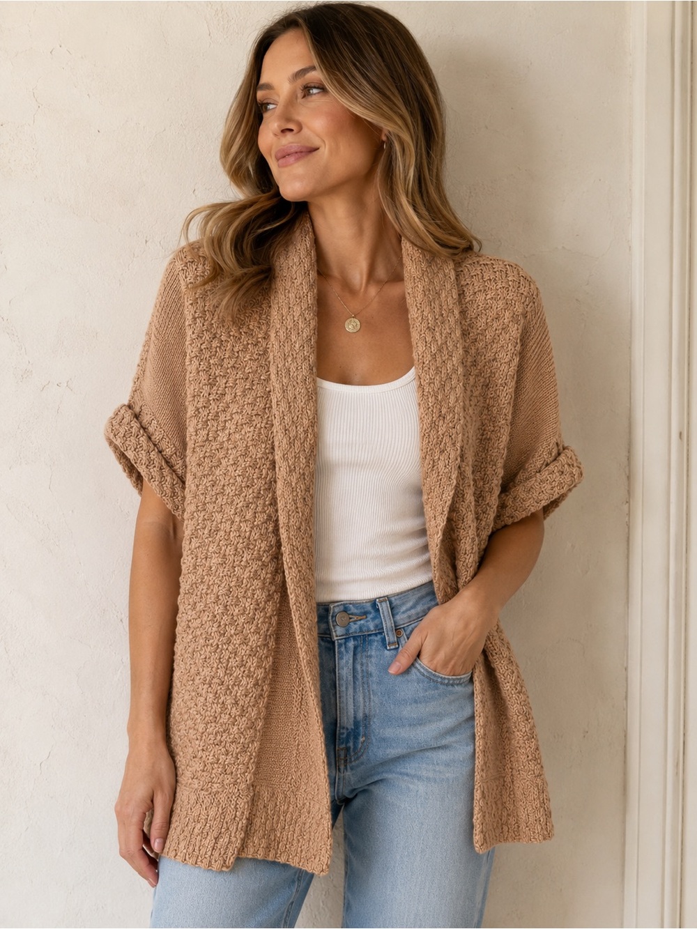 Ruby Rd. Women’s L Taupe Textured Knit Open Front Cardigan Sweater Boho